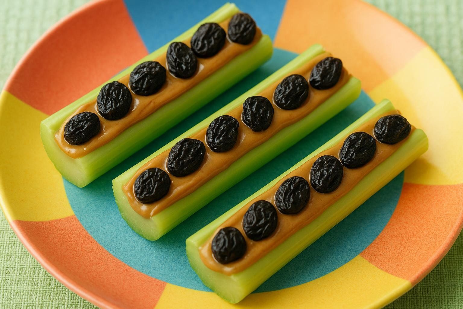 Three pieces of celery, each filled with SunButter and topped with a line of raisins, creating 'Ants on a log' snacks, served on a colorful plate.
