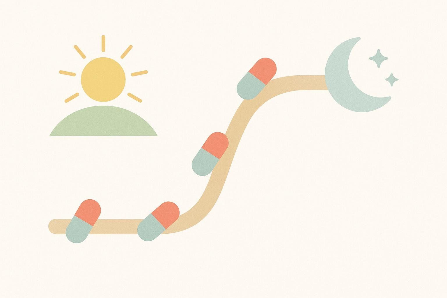 Abstract path shifting gradually from a sun icon (morning) to a moon icon (night), symbolizing a slow change in medication timing.