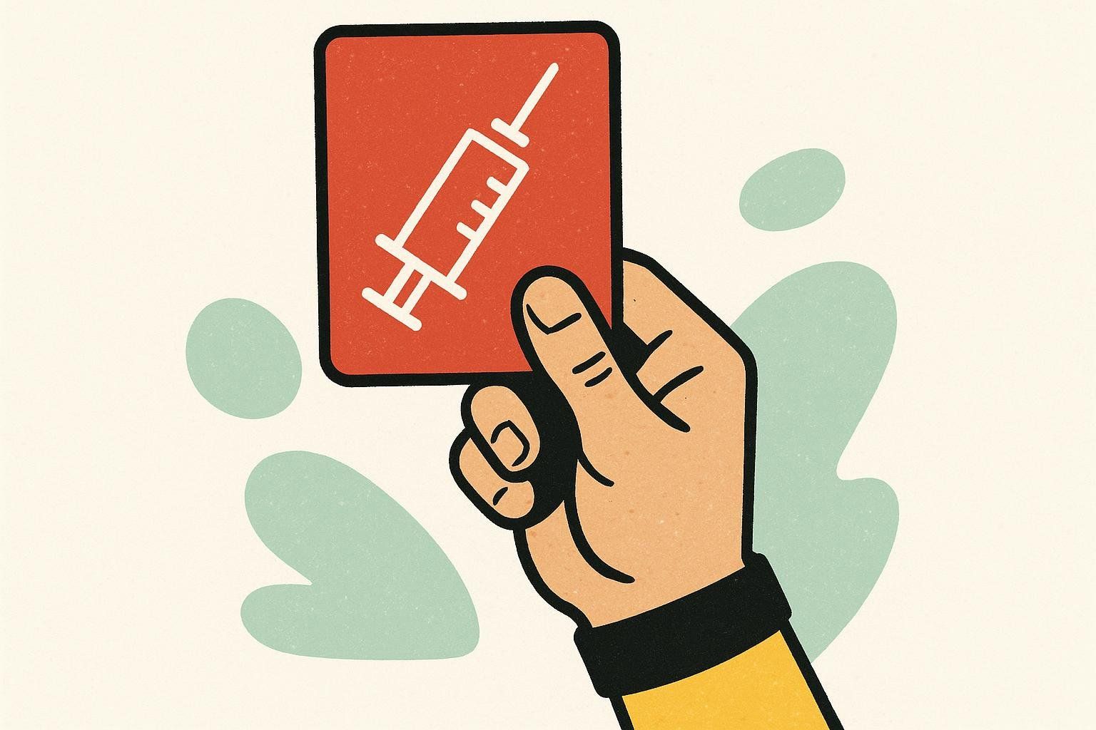 An illustration of a referee showing a red card with a syringe icon, symbolizing that BPC-157 is prohibited for athletes.