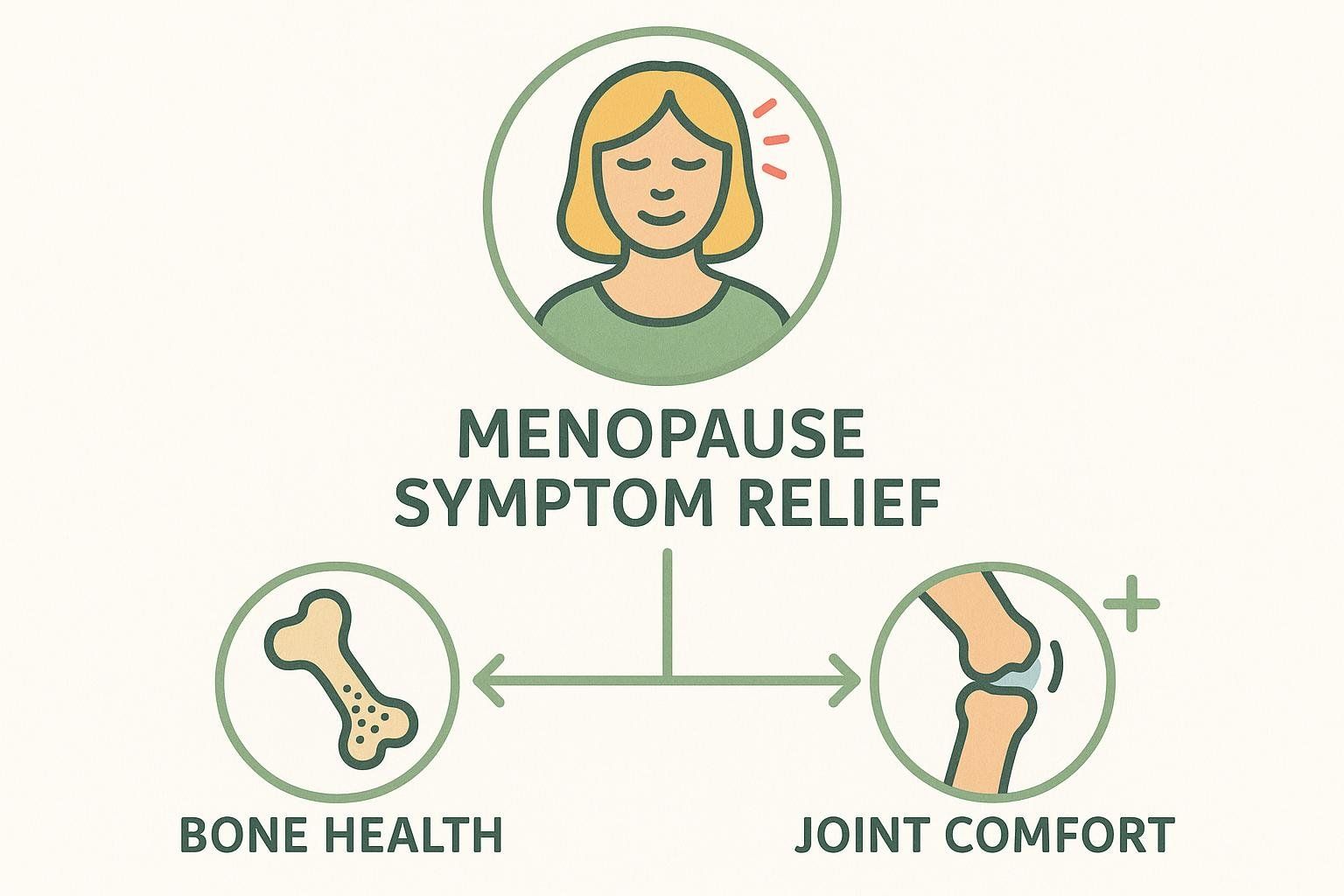 A diagram illustrating 'Menopause Symptom Relief' at the top, linked to 'Bone Health' and 'Joint Comfort' below. A smiling female icon represents menopause symptom relief, a bone icon represents bone health, and a joint icon with a plus sign represents joint comfort.