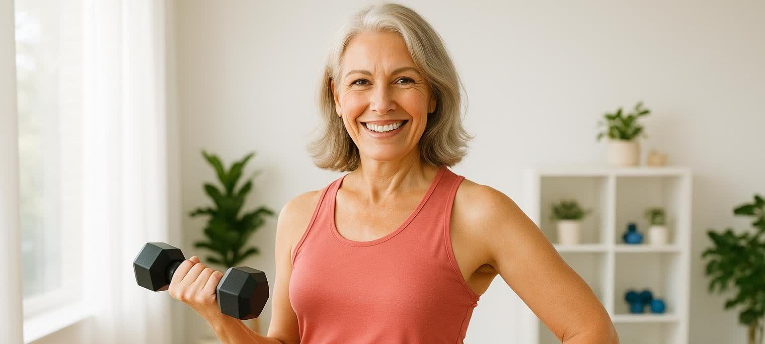 A confident woman in her 50s smiles after a workout, holding a dumbbell, representing strength during menopause.