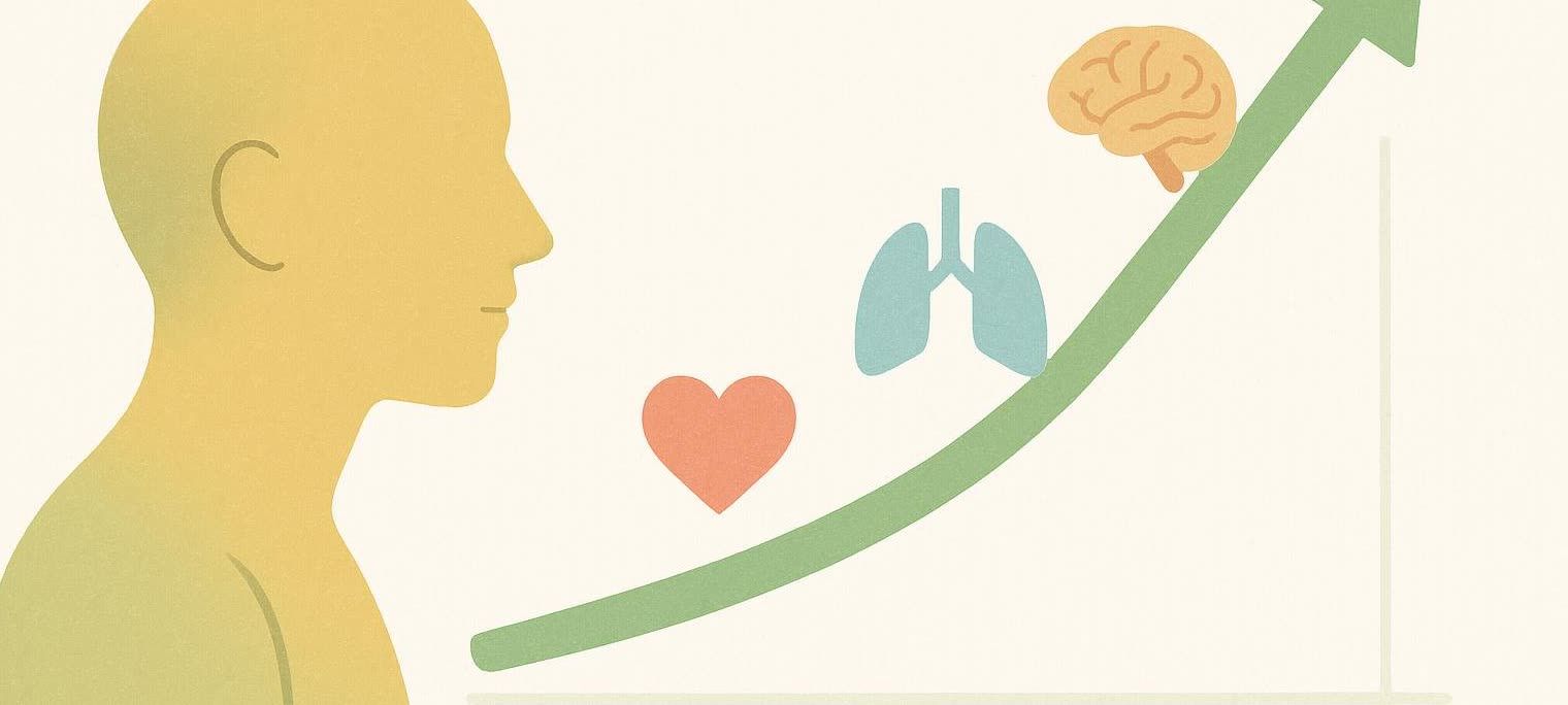 Illustration of a person's silhouette on the left, looking towards a green upward trending line representing health improvement. Symbols for a heart, lungs, and brain are positioned along the line, indicating the improvement of these organs. The background is white with a subtle texture.