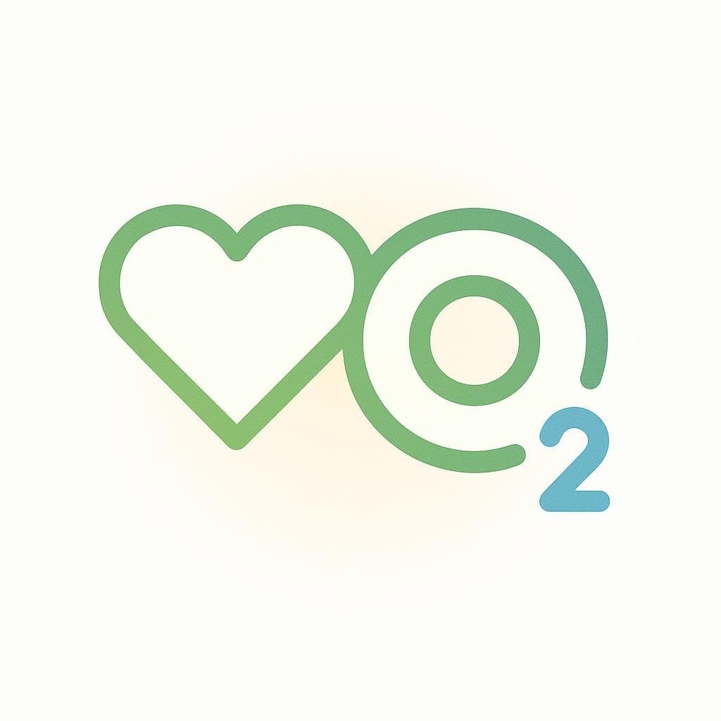 A stylized icon showing a green heart shape connected to a green O symbol, with a blue subscript 2, representing VO2 max and cardiovascular health.