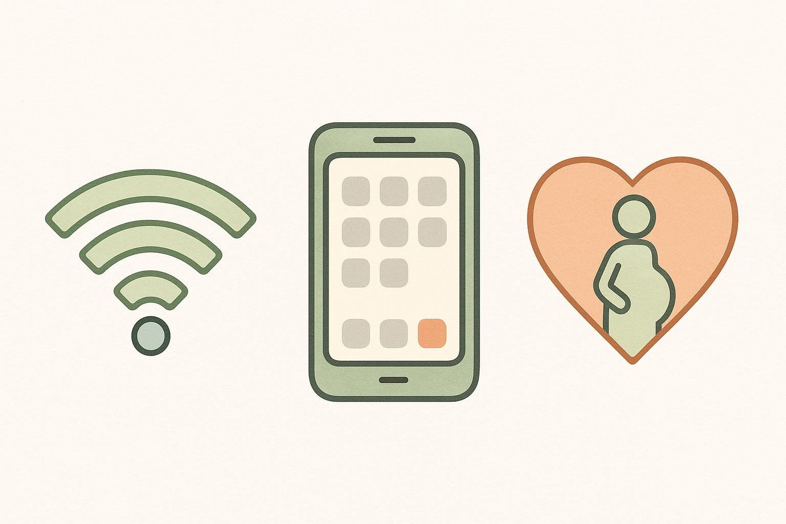 Three icons representing smart scale features: a Wi-Fi signal, a smartphone interface with app icons, and a heart with a pregnant woman figure, symbolizing pregnancy mode.