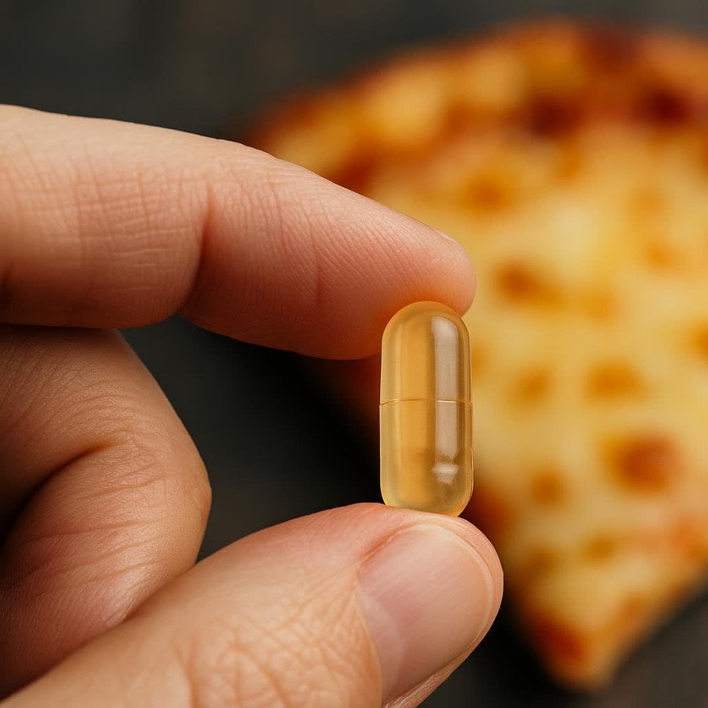 A close-up of a hand holding a golden digestive enzyme capsule between the thumb and forefinger, with a blurred cheese pizza slice in the background.