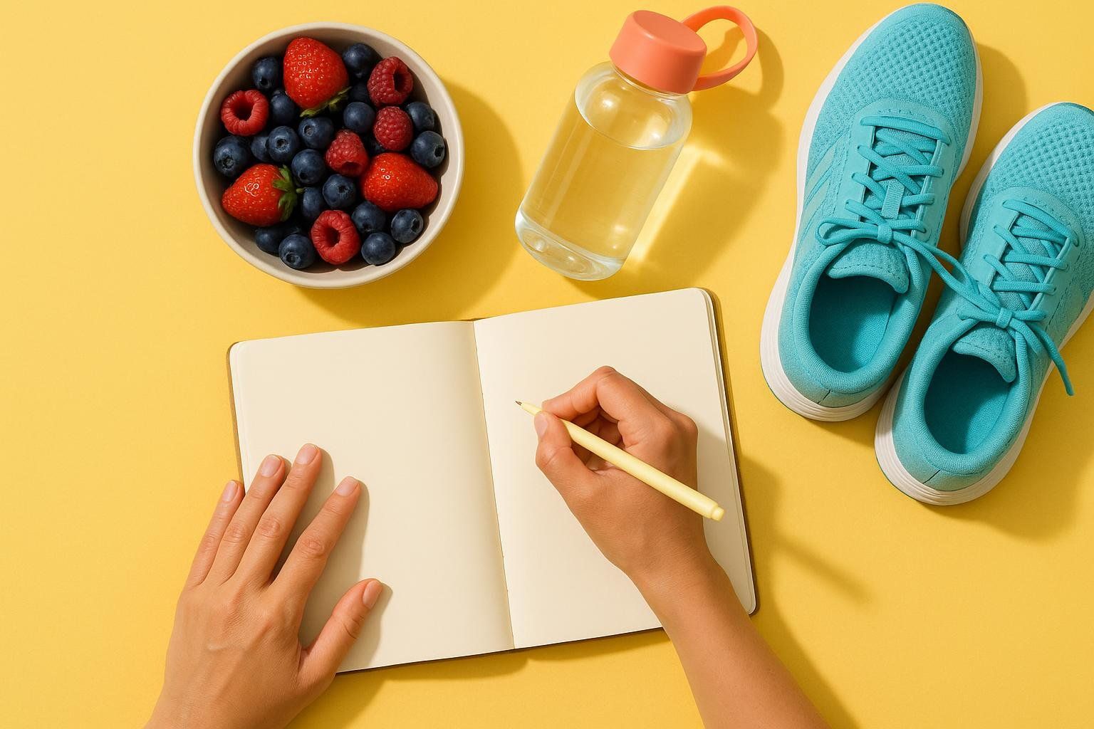 Overhead view of hands writing in a journal with fitness items. A bowl of berries, a water bottle, and a pair of teal athletic shoes are arranged around the open notebook on a yellow background, representing proactive health planning.
