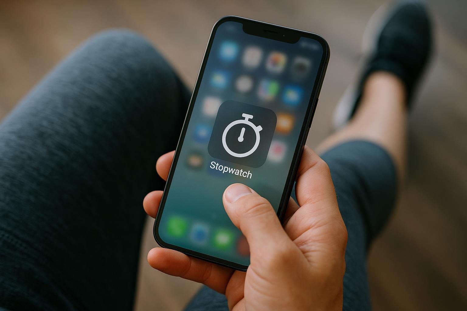 A close-up shot of a person's hand holding a smartphone, with the 'Stopwatch' app icon clearly visible and the person's thumb positioned as if about to tap it. The background shows blurred legs in athletic wear.