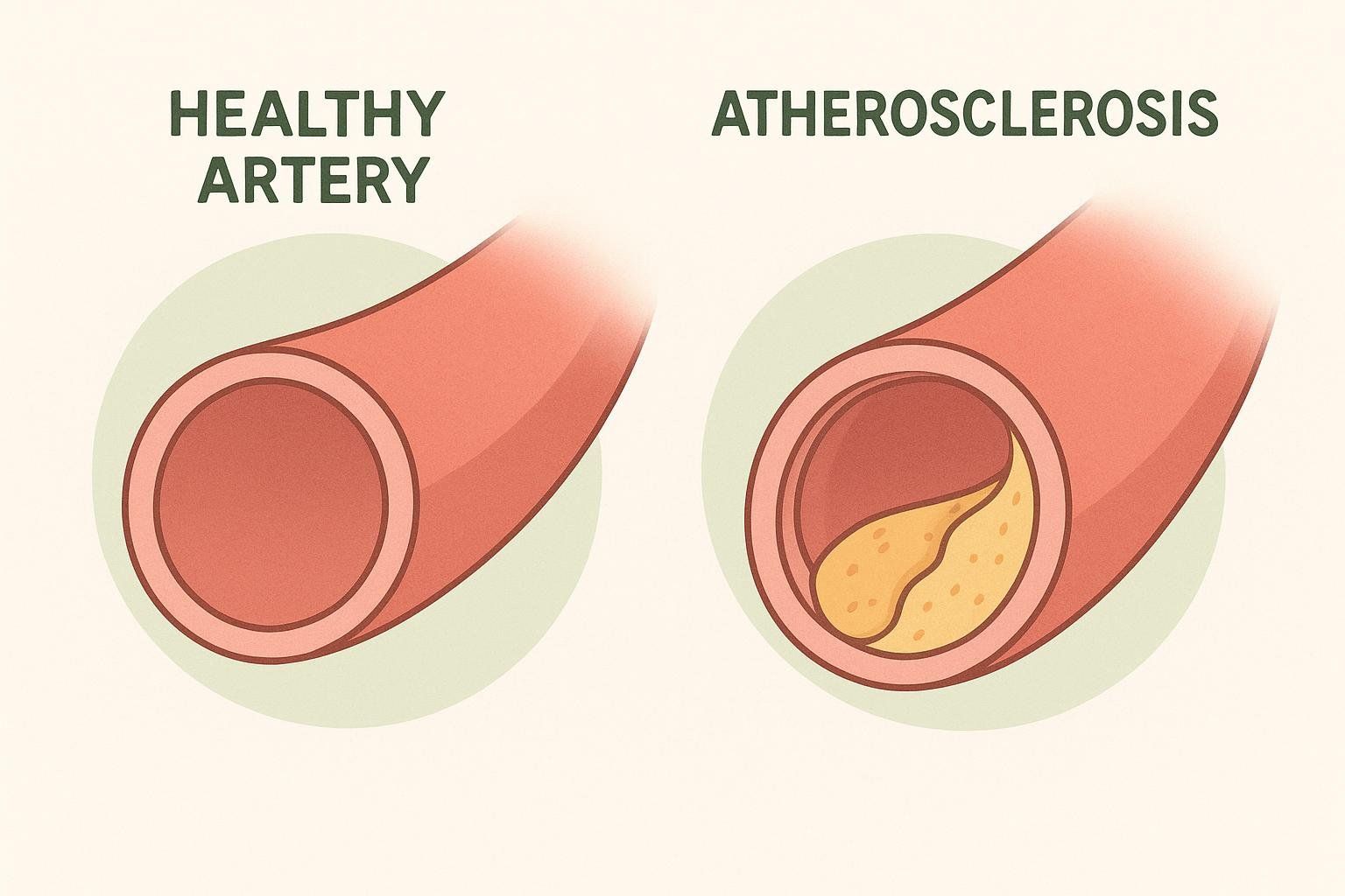 Illustration comparing a healthy, open artery to one narrowed by plaque buildup (atherosclerosis), a cause of poor circulation.