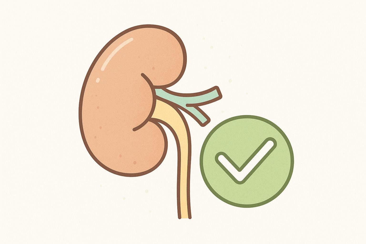 An illustration of a healthy kidney with a green checkmark in a circle next to it.