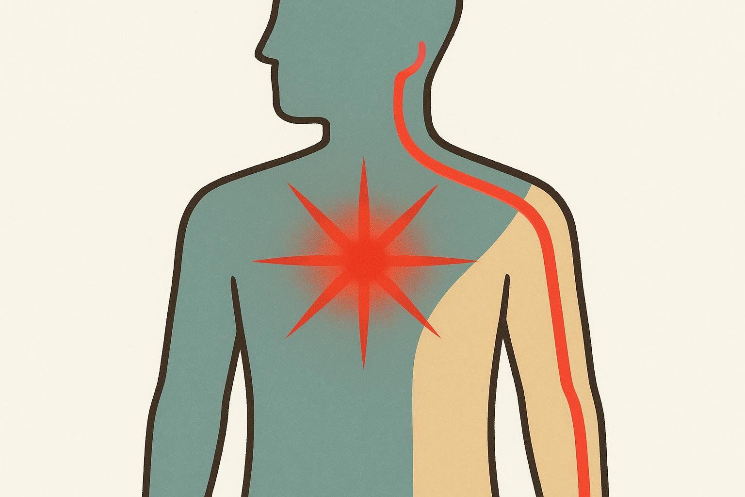An illustration showing pain radiating from the chest to the left arm and jaw, a classic symptom of a heart attack.