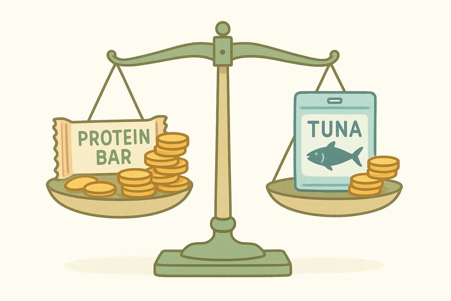 An illustration of a balance scale showing that protein bars are more expensive per gram of protein than other options like tuna.