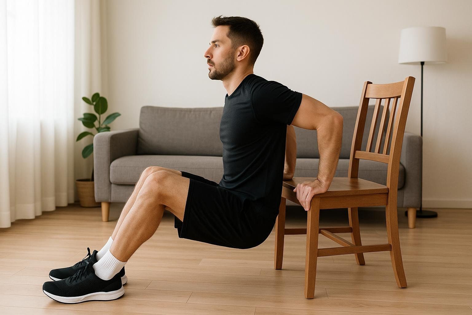 A man in athletic wear performs chair dips using a wooden chair in a living room.