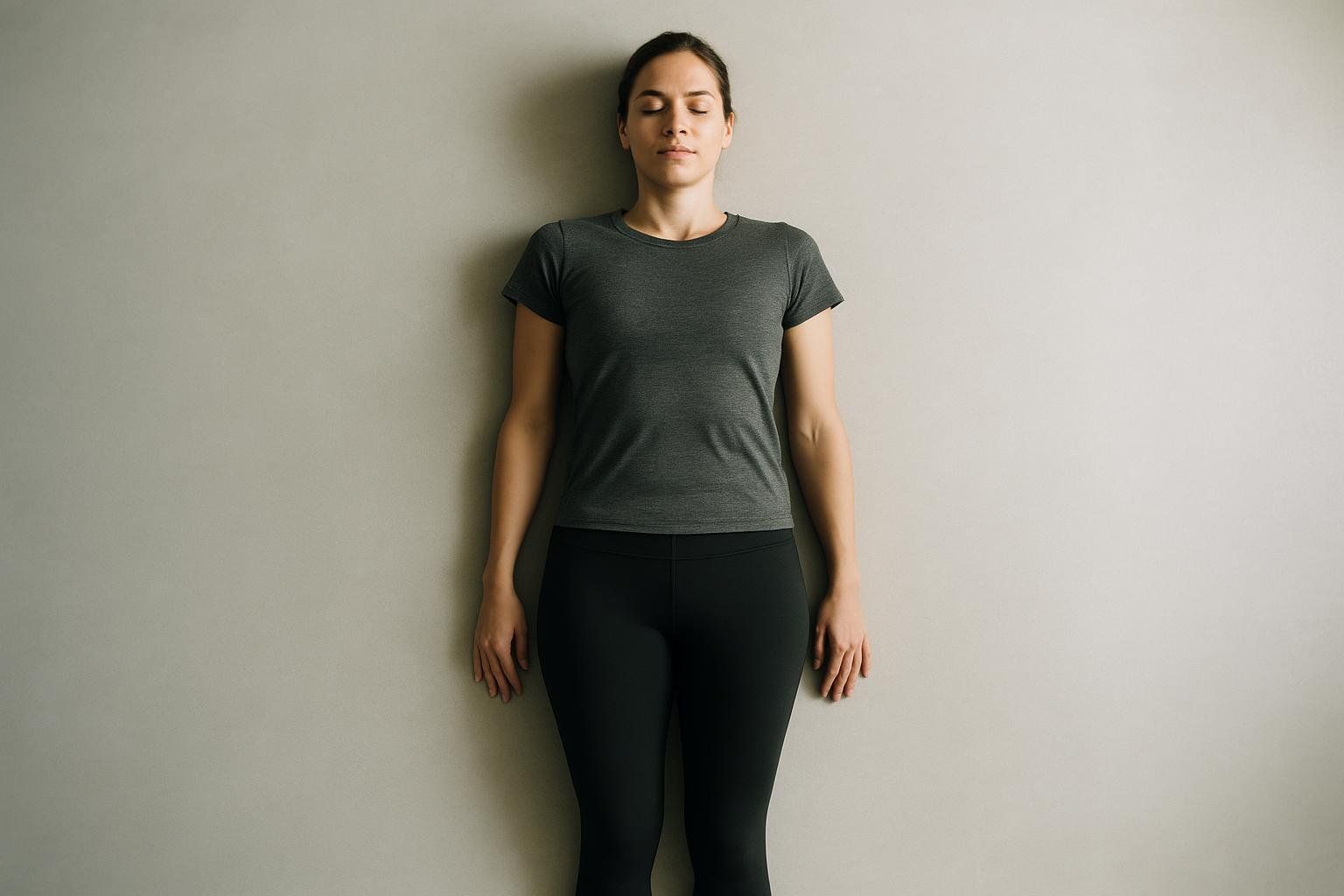 A woman stands with her back against a light gray wall, eyes closed, in a meditative or relaxed posture. She is wearing a gray t-shirt and black leggings.