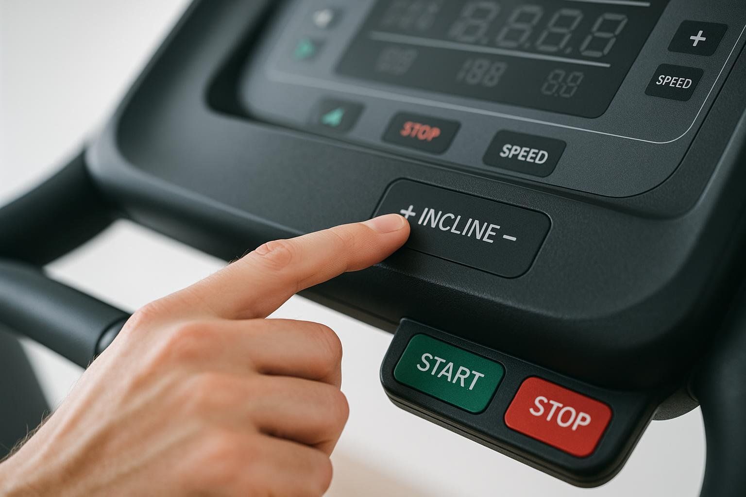 A person's hand presses the '+ INCLINE' button on a treadmill console, with the control panel and 'START' and 'STOP' buttons also visible, suggesting a workout is beginning or intensifying.