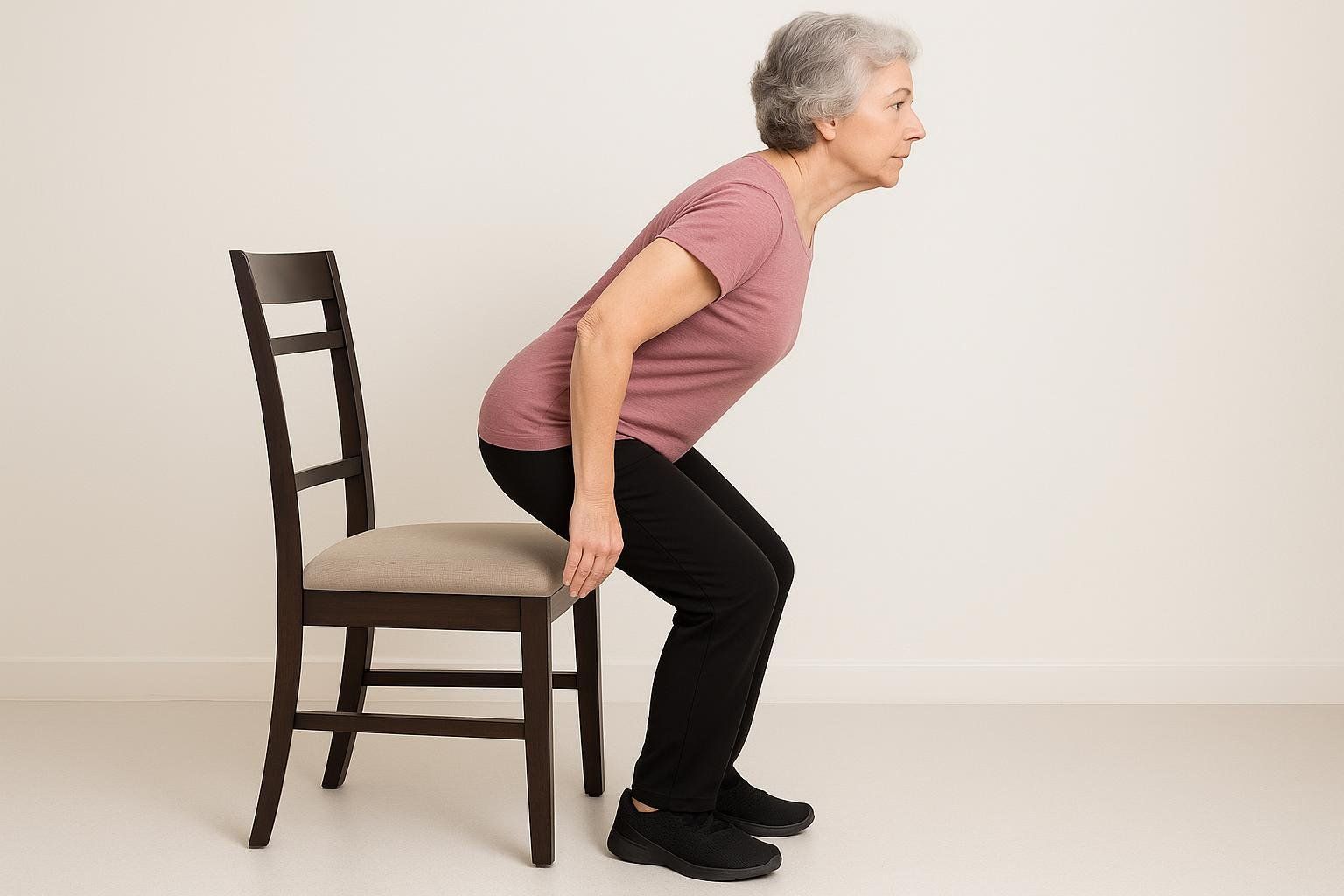 An older woman demonstrating correct form for a sit-to-stand exercise in a home setting. She is positioned slightly above the chair seat, knees bent, and torso leaning forward, with her hands gently resting on the chair cushion.