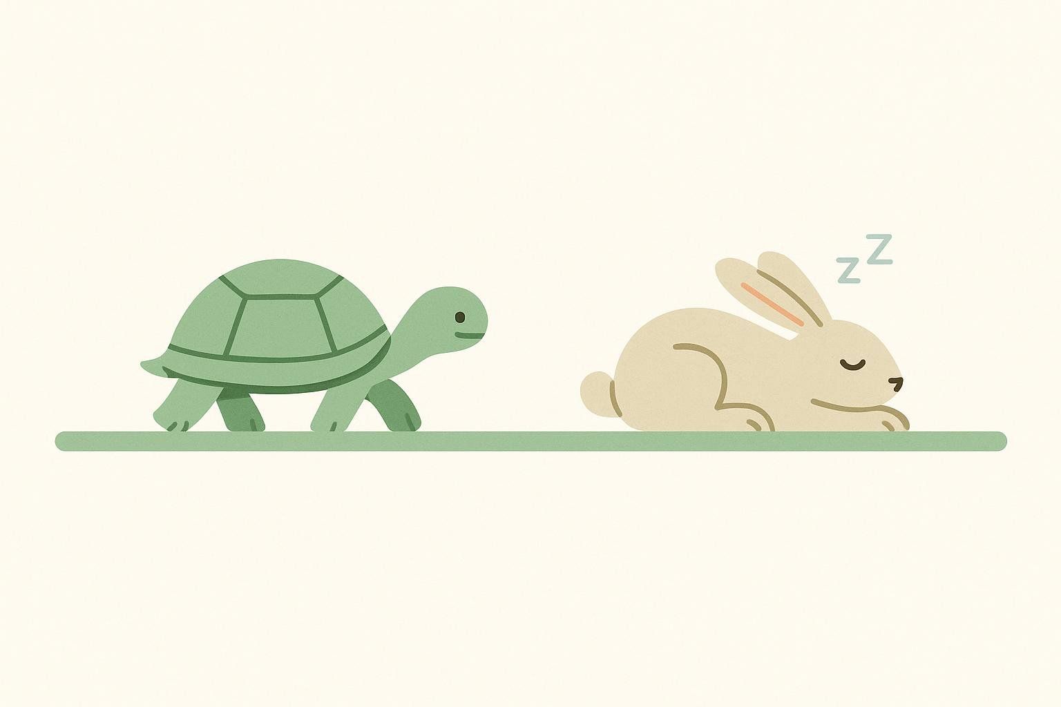 An illustration of a green turtle walking steadily past a beige hare that is sleeping with 'Zz' symbols floating above its head. This image symbolizes the benefit of a sustainable approach over a rapid but inconsistent one, drawing from the fable of the Tortoise and the Hare.