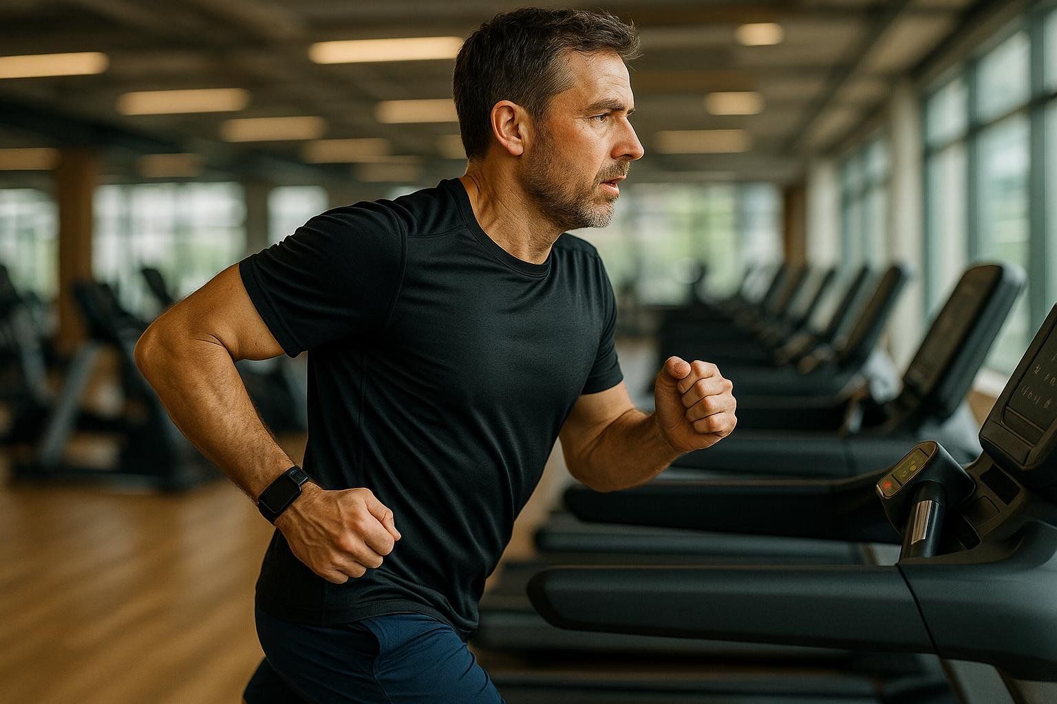 A man in a black shirt and blue shorts is jogging on a treadmill in a gym.