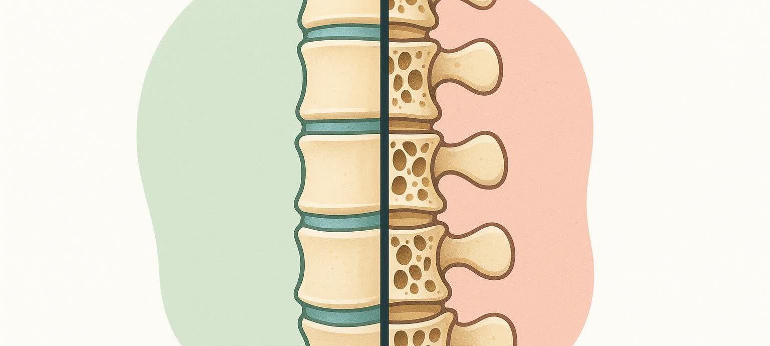 An illustration comparing a healthy human lumbar spine on the left with an osteoporotic spine on the right. The healthy spine shows dense bone structure, while the osteoporotic spine displays porous, weakened bone, especially visible within the vertebral bodies and processes.