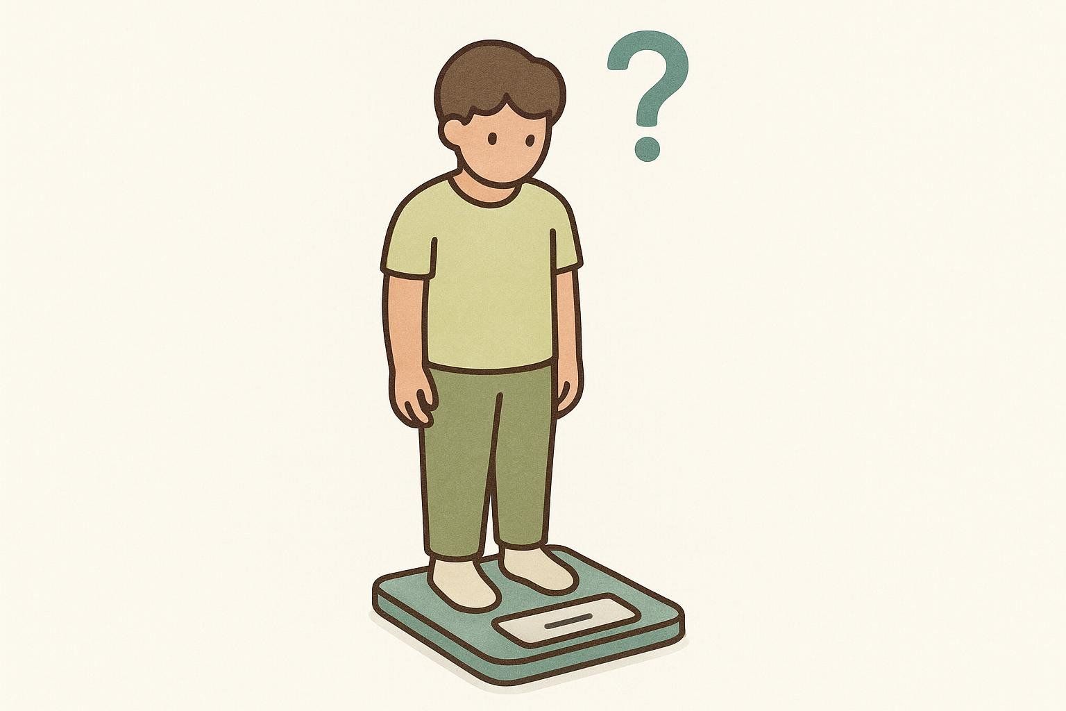 Illustration of a person standing on a scale with a large question mark floating above their head, symbolizing confusion about their weight.