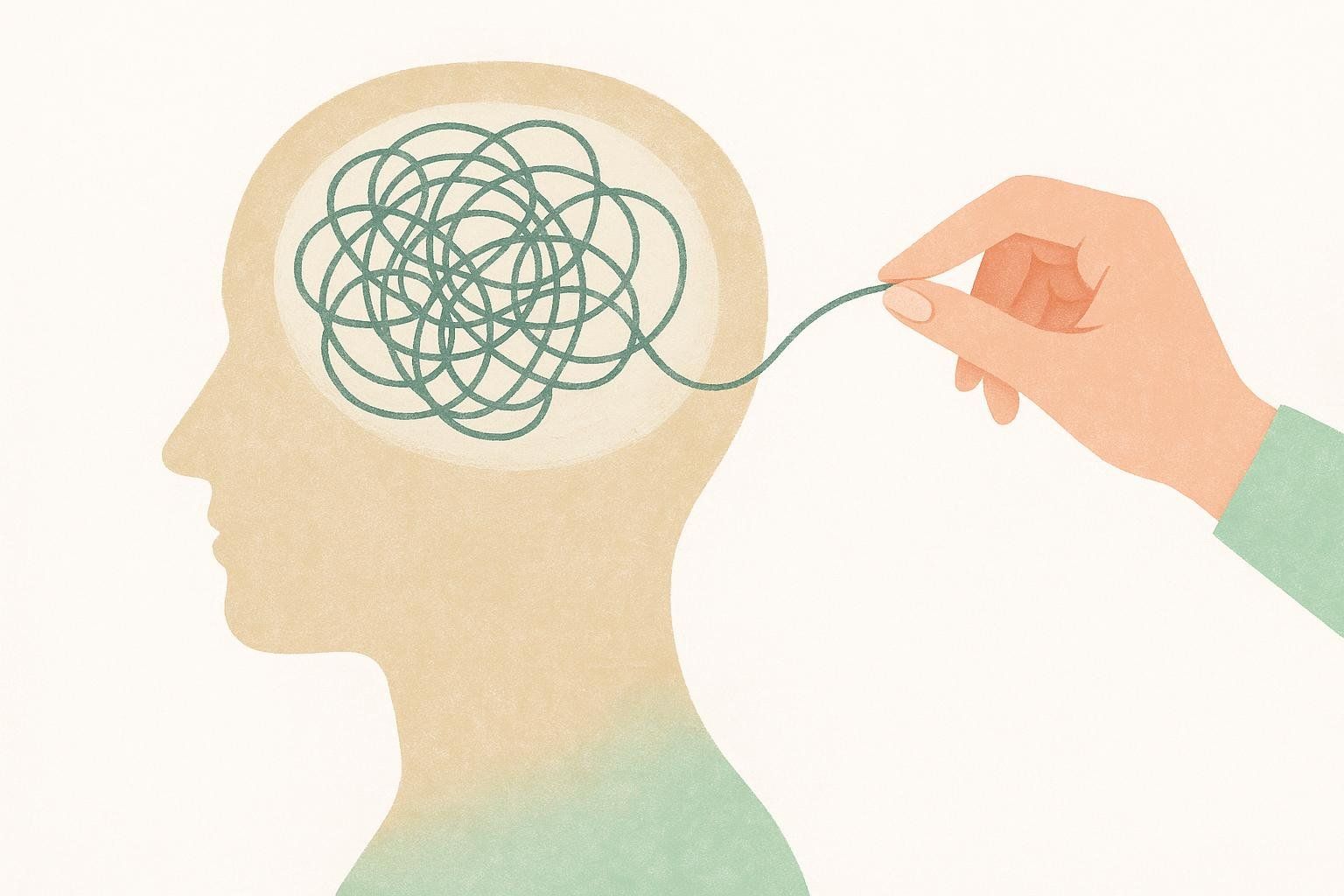Illustration showing a human head in profile with a tangled green string inside, while a hand reaches in to pull and untangle one end of the string. This represents how CBT-I helps resolve anxious thoughts about sleep.