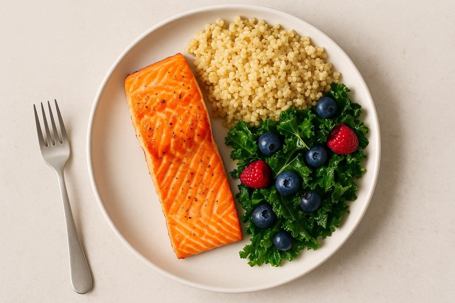 A white plate contains a meal with a large piece of cooked salmon, a serving of quinoa, and a side of kale topped with blueberries and raspberries. A silver fork is next to the plate.