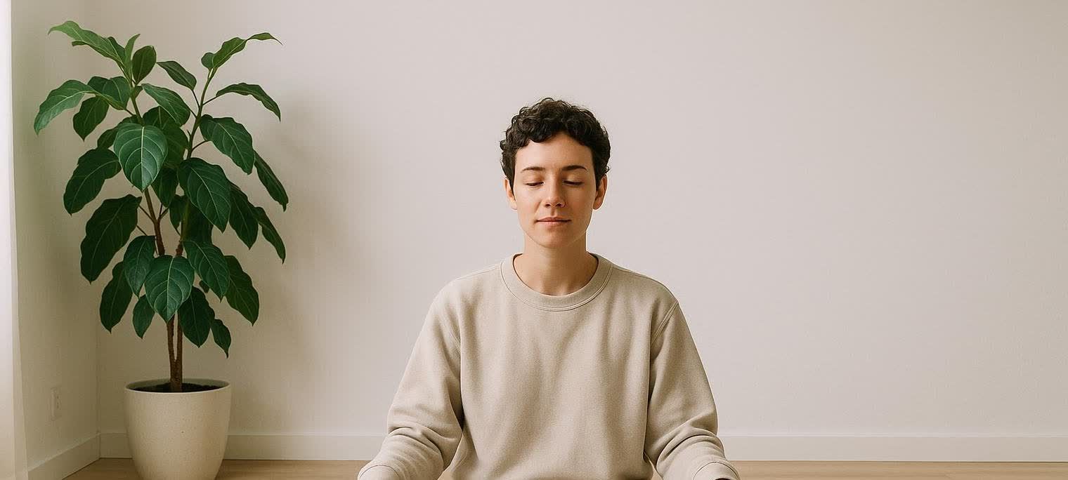 A person with short, curly dark hair sits meditating with their eyes closed, wearing a light-colored sweatshirt. They are on a dark mat on a light wooden floor, with a tall green plant in a white pot to their left against a white wall.