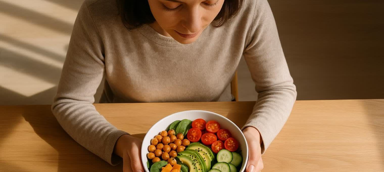 A person in a beige sweater is sitting at a light brown wooden table, holding a white bowl filled with a colorful salad. The salad contains spinach, chickpeas, sliced cherry tomatoes, sliced avocado, and sliced cucumber. The person is looking down at the bowl intently.