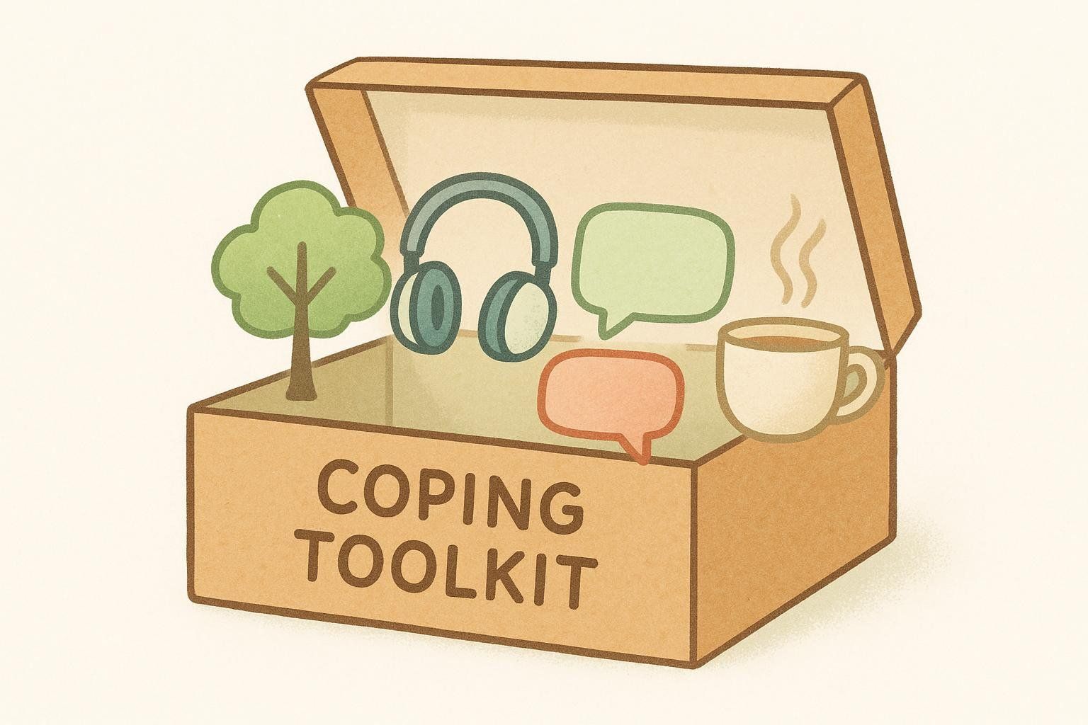 An illustration of a coping toolkit with icons for nature (tree), music (headphones), conversation (speech bubbles), and hot beverages (steaming mug).