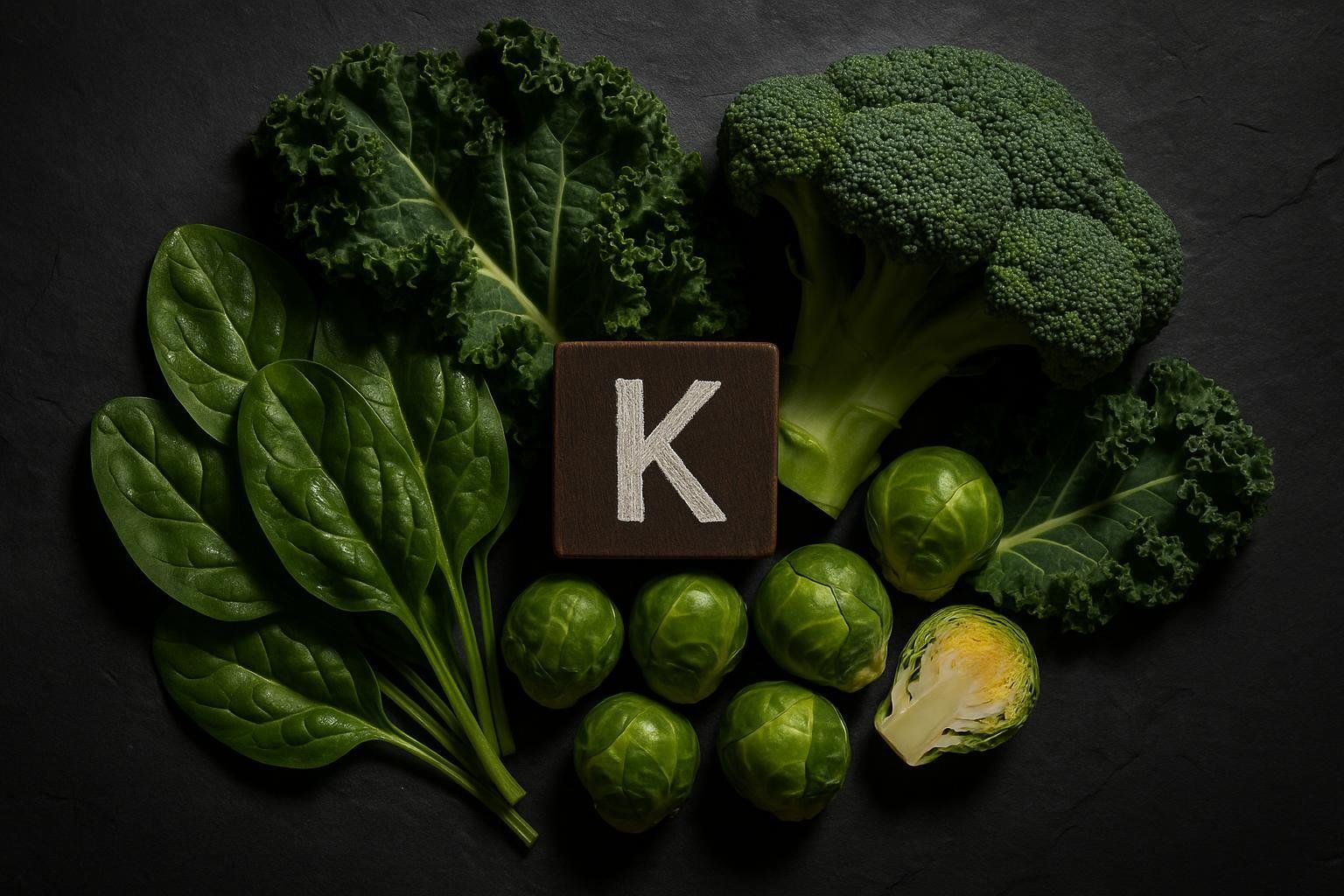 A flat lay photograph of various foods rich in Vitamin K, such as leafy greens and broccoli.