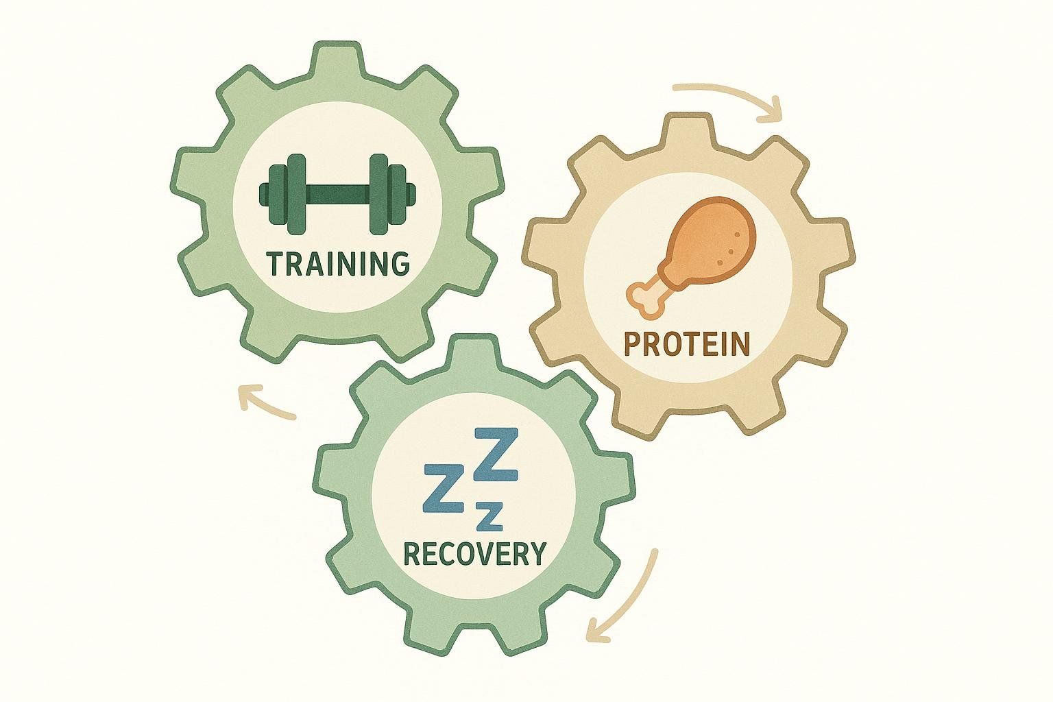 An illustration of three interconnected gears representing the three levers of muscle building: training, protein, and recovery. The green gear has a dumbbell for training, the light orange gear has a chicken leg for protein, and the light green gear has 'Zz Zz' for recovery. Arrows indicate that they work together in a cycle.