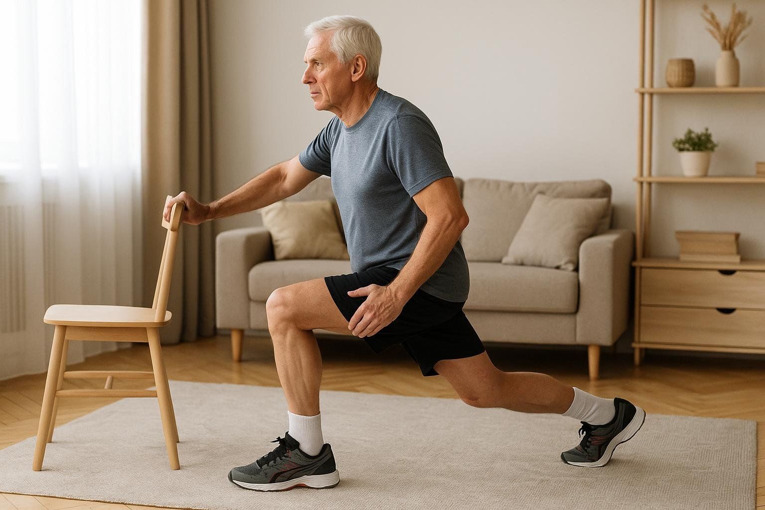 An older man performs a lunge while using a chair for support, demonstrating an advanced strength exercise.