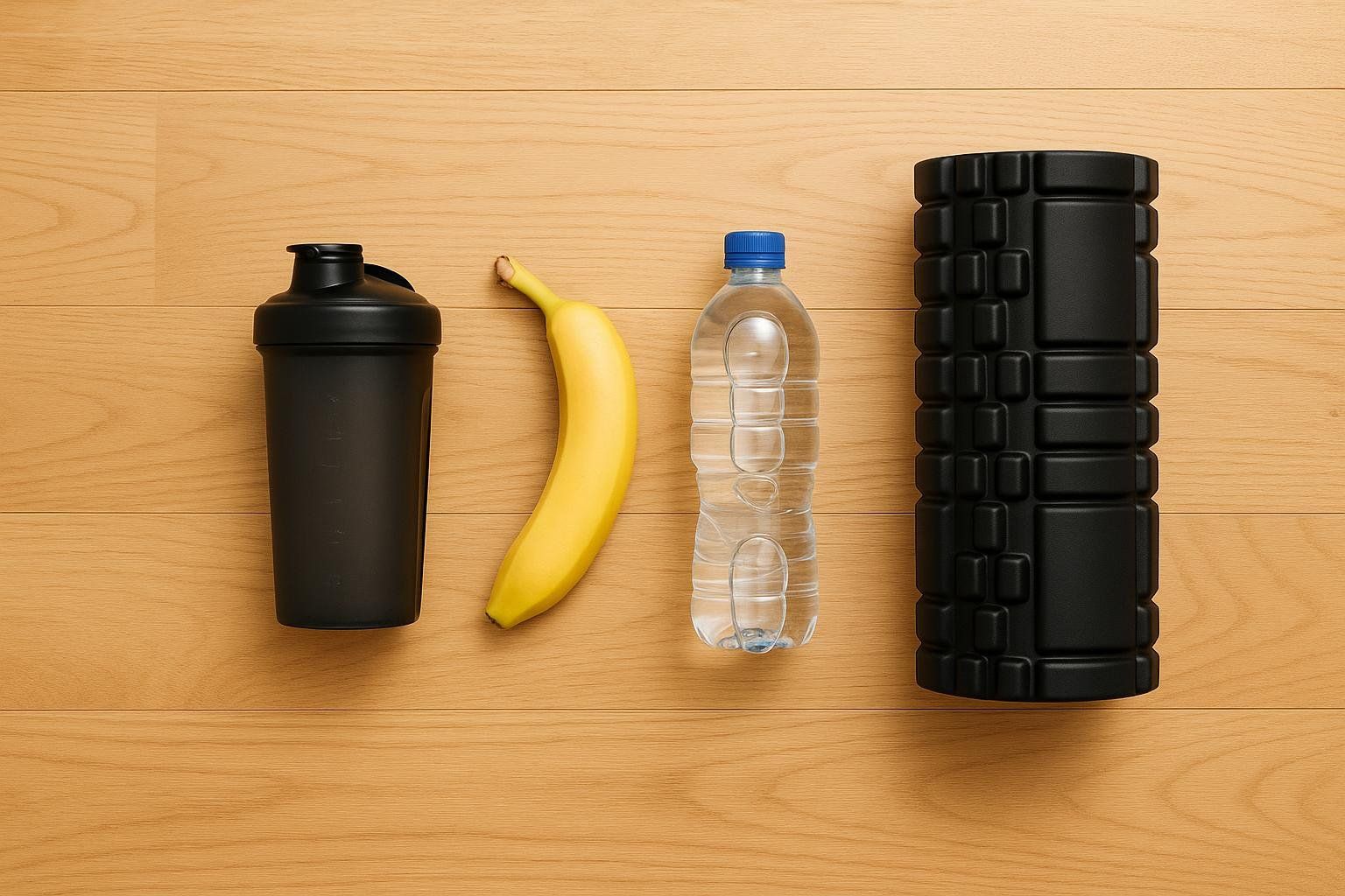 A flat lay of post-workout recovery items on a light wooden surface, including a black protein shaker, a yellow banana, a water bottle with a blue cap, and a black foam roller, illustrating nutrition and recovery after exercise.