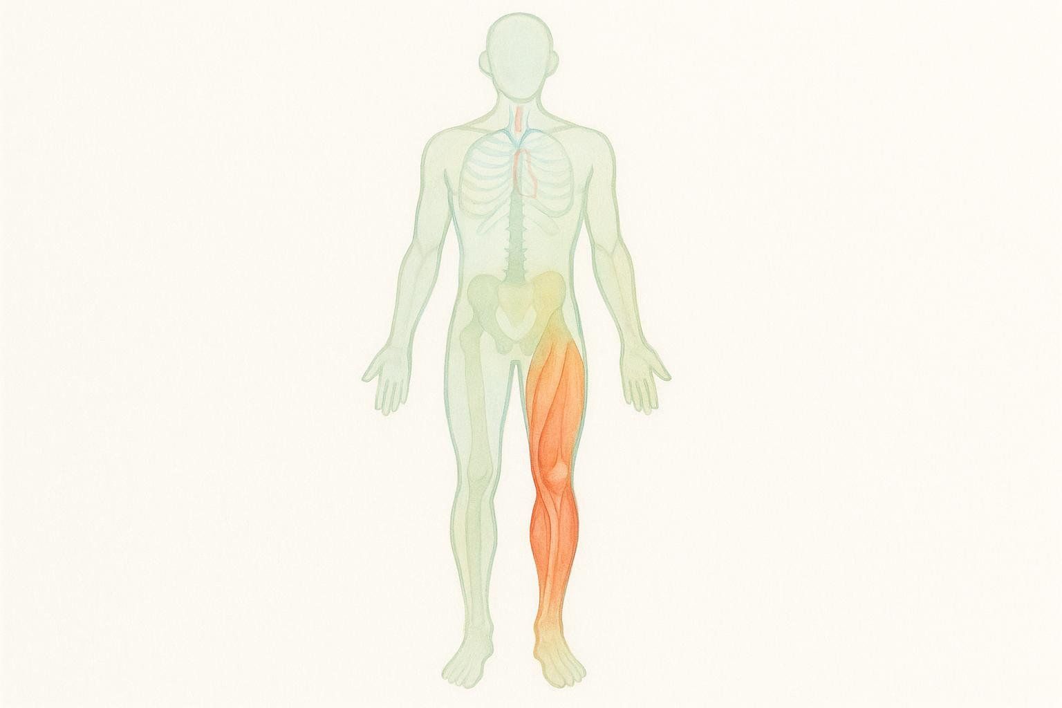 An illustration of a human figure with the left leg highlighted in orange, depicting a muscular imbalance or injury compared to the rest of the body, which is outlined in green.