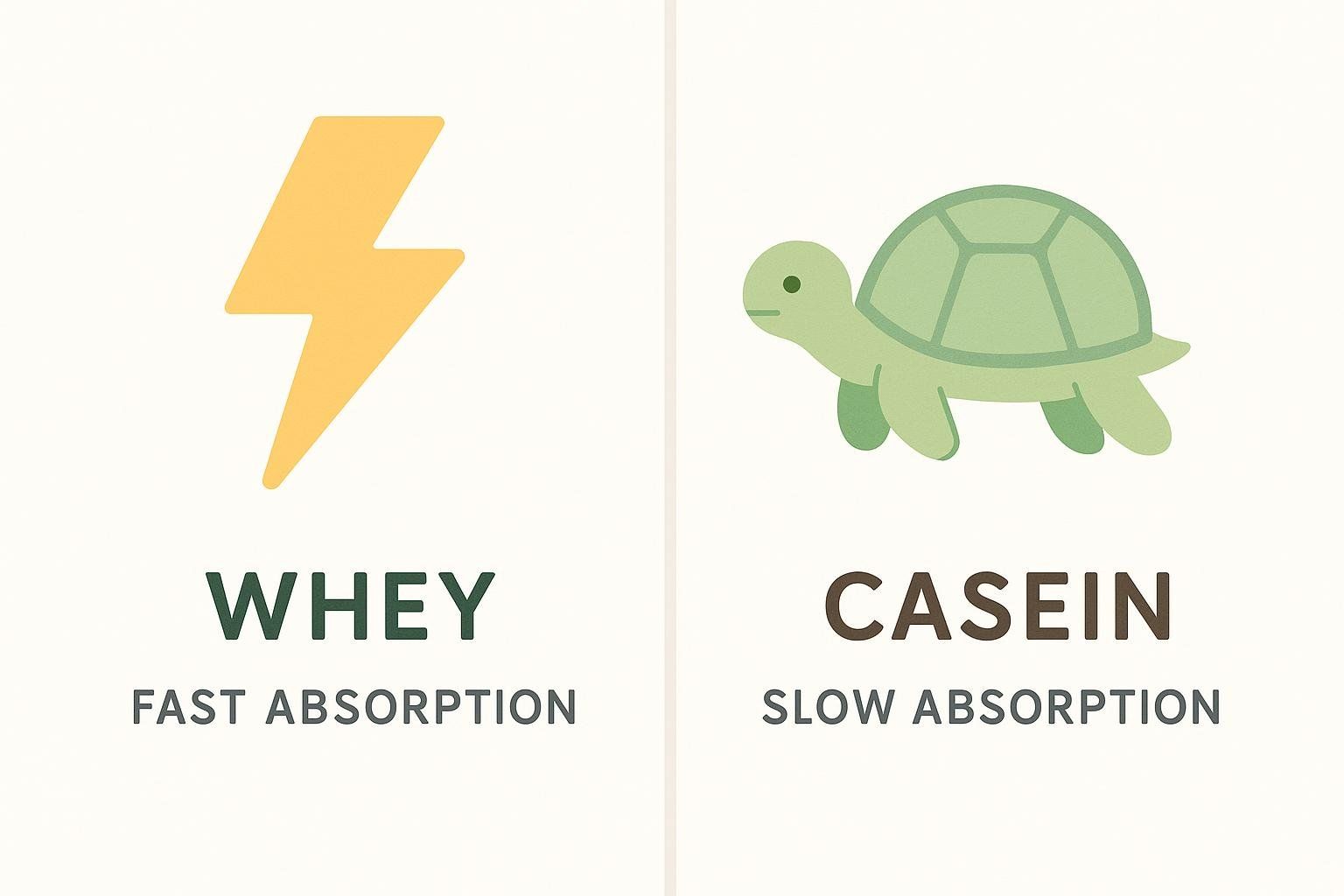 Illustration comparing whey protein digestion (fast, represented by a lightning bolt) to casein protein digestion (slow, represented by a turtle). Underneath each, 'Whey Fast Absorption' and 'Casein Slow Absorption' are written respectively.