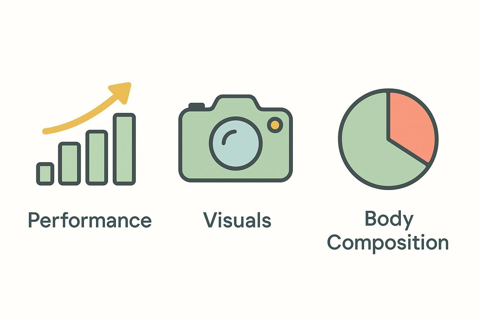 Infographic icons representing different ways to track fitness progress: a bar graph indicating performance metrics, a camera symbolizing visual records, and a pie chart for body composition analysis. Each icon is labeled with its corresponding tracking method.