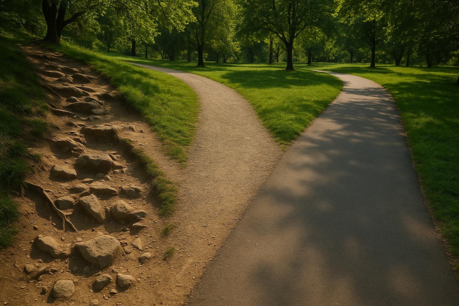 Three paths diverging in a park, one rocky and uphill, one gravel, and one paved.