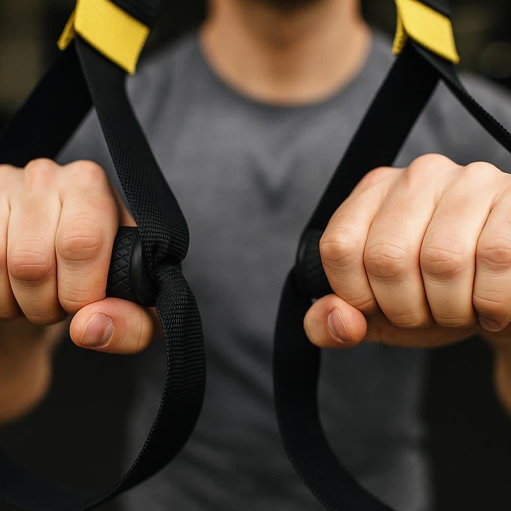 A close-up of hands gripping TRX handles firmly, conveying effort and the start of an exercise.