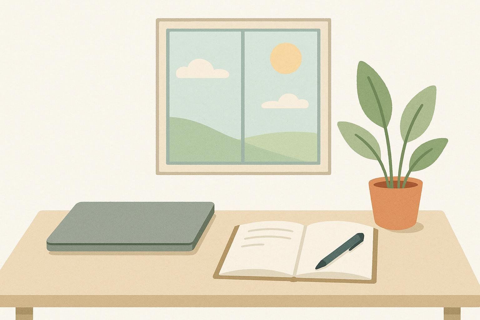 Stylized illustration of a minimalist desk with a closed laptop and open notebook, symbolizing focused work on 'No-Meeting Wednesdays'.