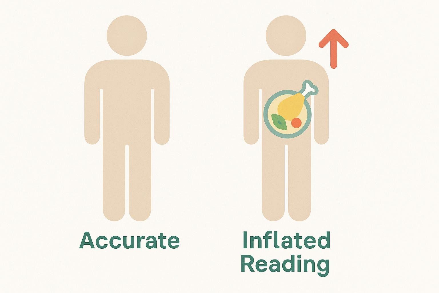 Infographic showing how a pre-scan snack can inflate body mass readings. On the left, a figure is labeled 'Accurate'. On the right, a second figure with food inside its torso and an upward arrow above its head is labeled 'Inflated Reading'.