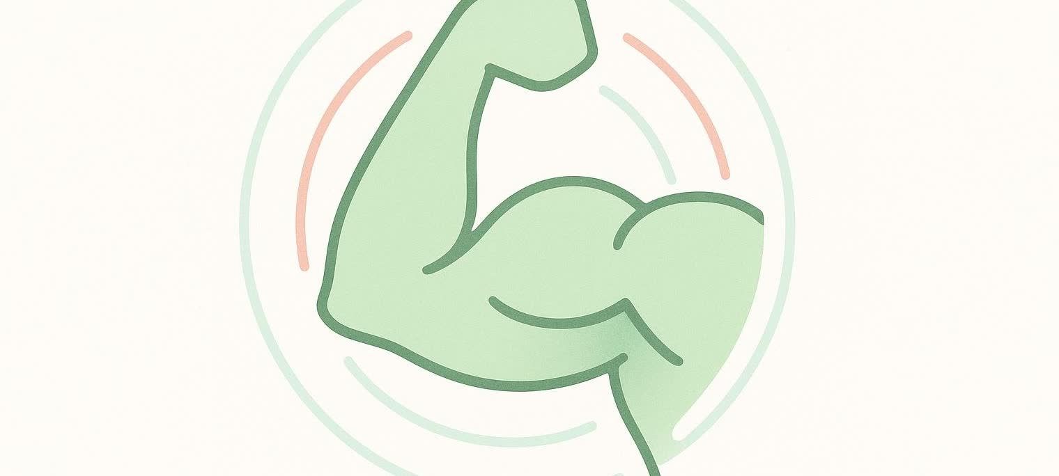 An abstract icon of a flexing bicep in light green, surrounded by concentric arcs in light green and light red, suggesting growth or strength. The image is set against a plain off-white background.