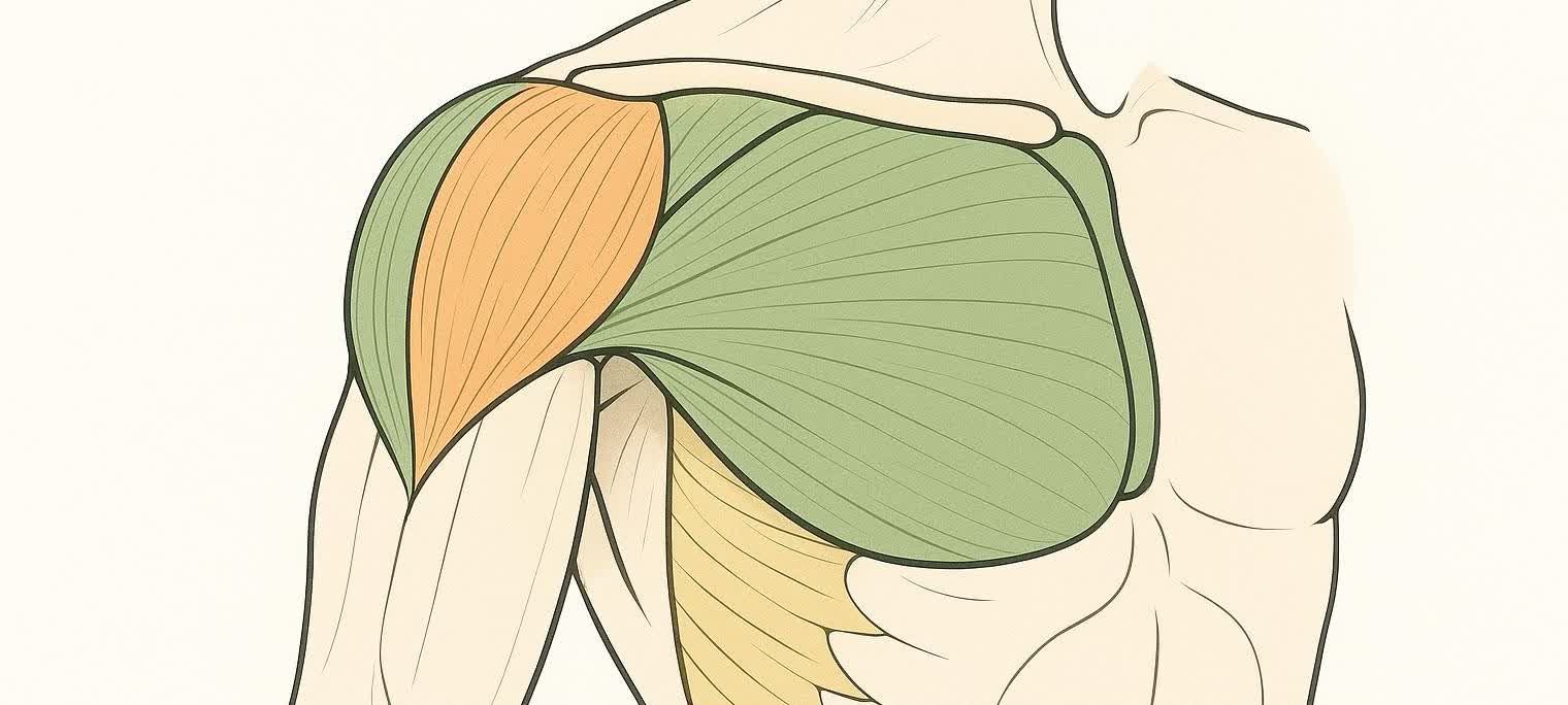 An anatomical illustration showing the three distinct parts of the deltoid shoulder muscle: anterior (orange), medial (green), and posterior (lighter green) on a light background.