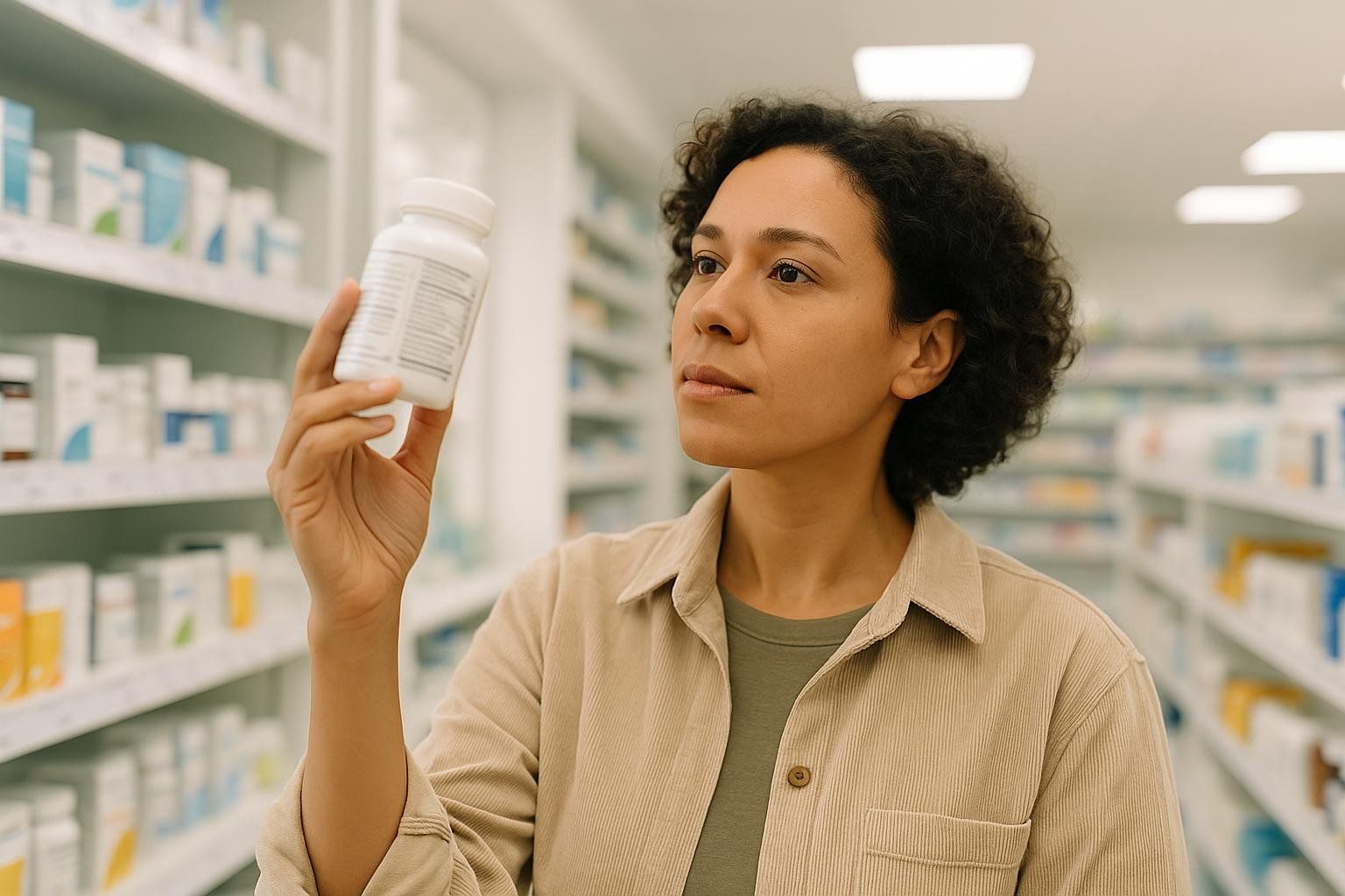 A woman with curly hair seriously reads the label of a white supplement bottle in a pharmacy or drugstore aisle, surrounded by shelves of products.