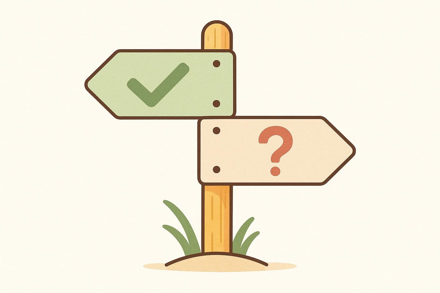 An illustration of a wooden signpost with two arrows. The top arrow, pointing left and colored green, has a large checkmark symbol. The bottom arrow, pointing right and colored cream, has a large red question mark symbol. This represents mixed or uncertain choices/outcomes.