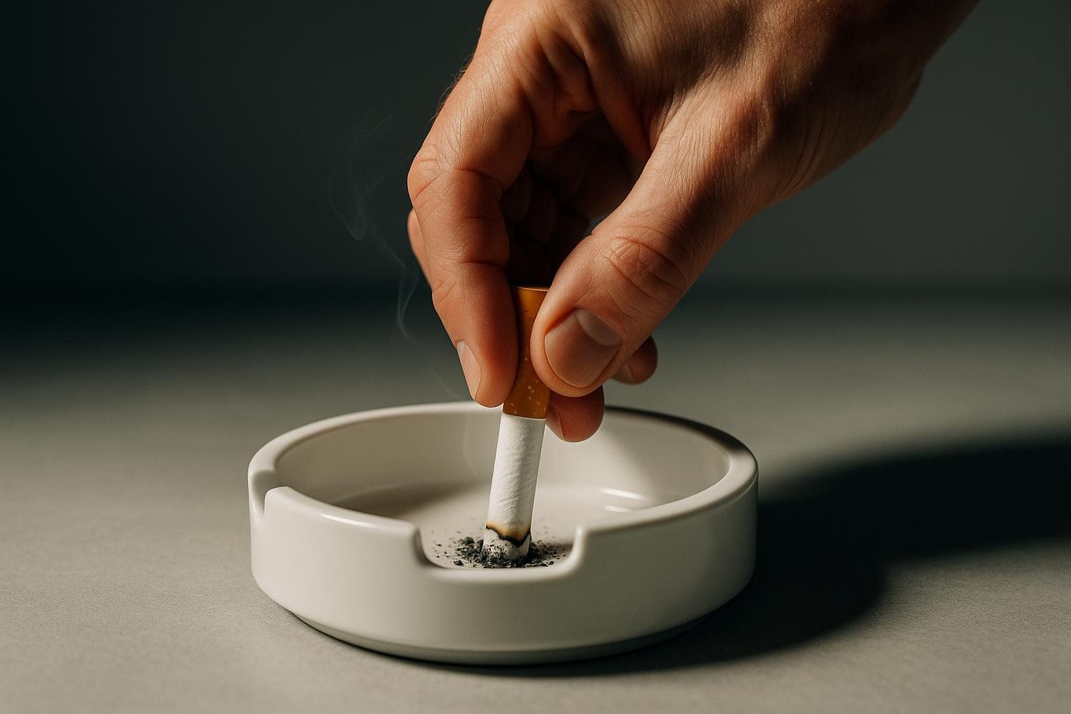 A hand extinguishes a burning cigarette by pressing it into a white ceramic ashtray, with smoke visibly rising from the cigarette's tip.