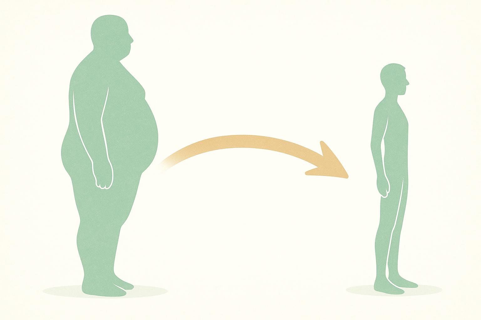 An infographic showing a large, obese silhouette on the left, transitioning via a curved arrow to a much smaller, slender silhouette on the right, representing body weight reduction.