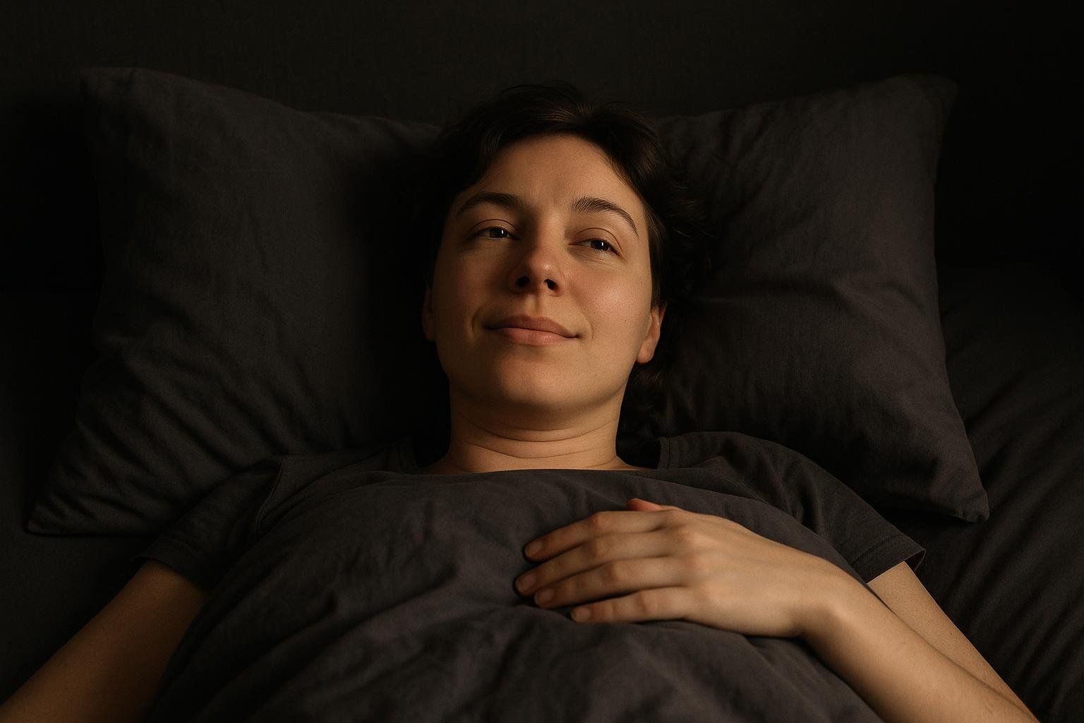 A woman with short, dark hair lies in bed, looking slightly upward with a soft, thoughtful expression. Her hand rests gently on her chest under the covers, and dim lighting creates a peaceful atmosphere.