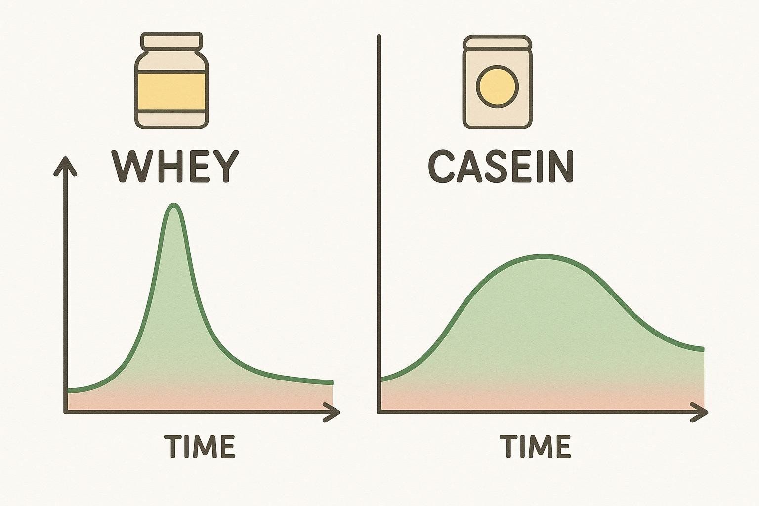 A chart comparing whey protein's fast, sharp peak of amino acid release over time with casein protein's slow, sustained, and broader release pattern over time.