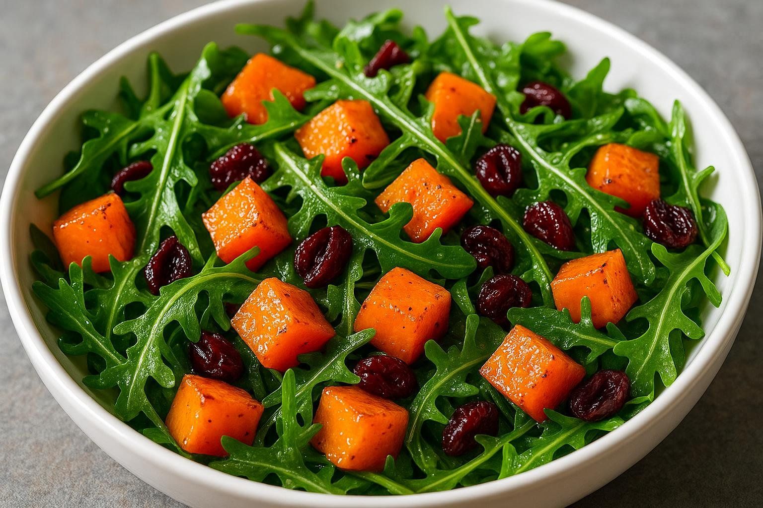 A colorful salad featuring roasted butternut squash, arugula, and cranberries in a white bowl.