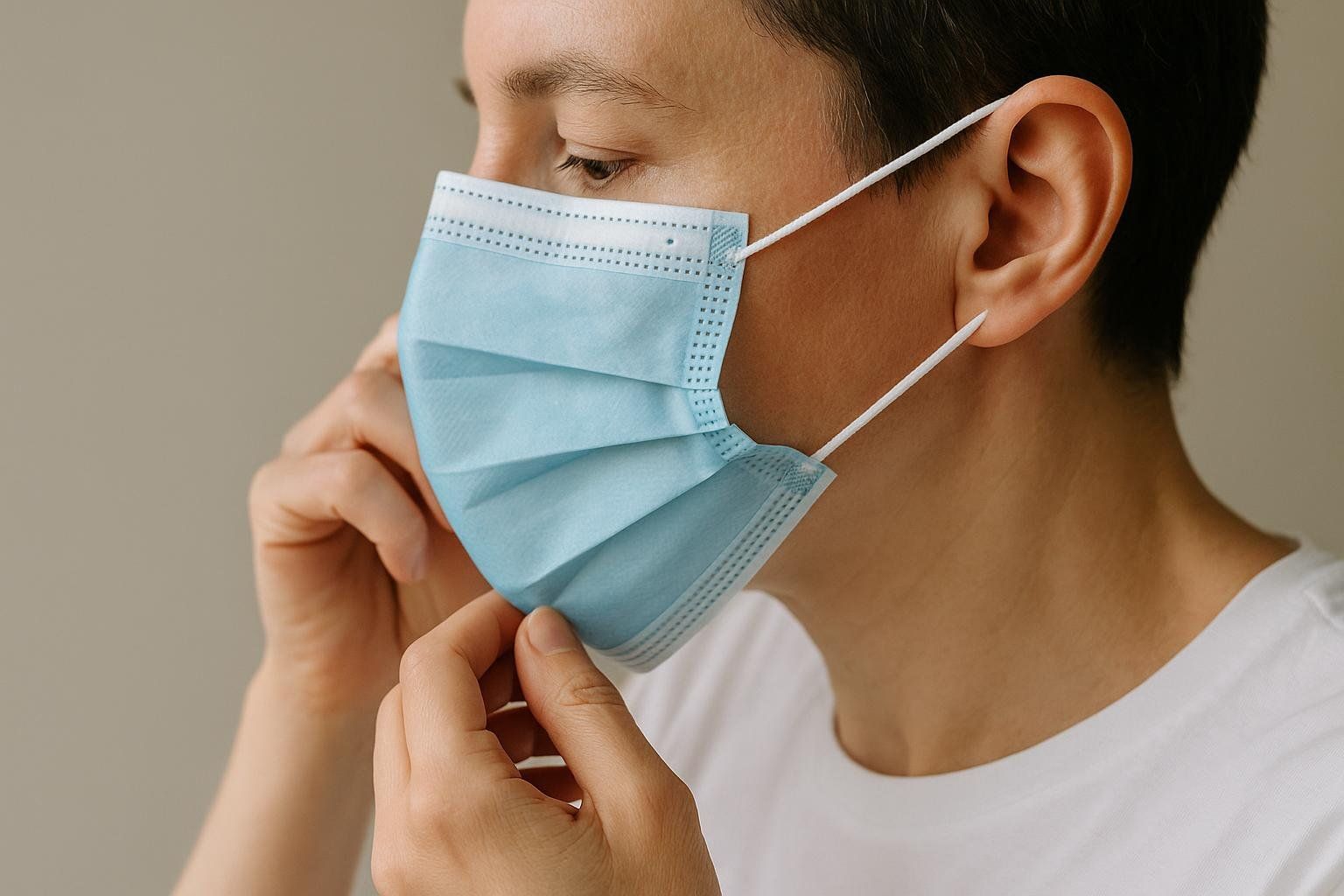 A close-up of a person with short brown hair adjusting a light blue surgical face mask, holding the bottom edge with their right hand while the ear loop goes behind their ear. They are wearing a white t-shirt.