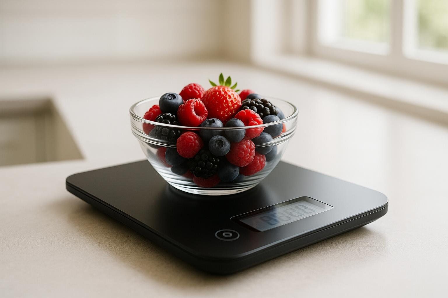 A digital kitchen scale displays a weight measurement for a clear bowl filled with fresh strawberries, raspberries, and blueberries.